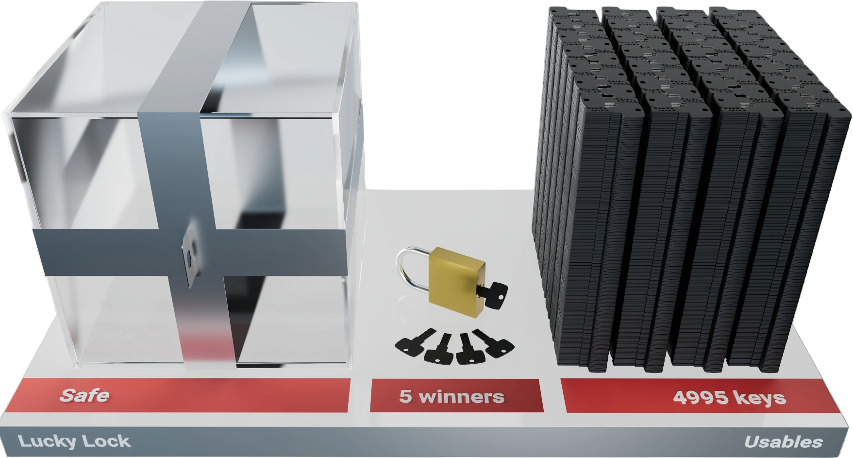 5,000-key package: Plexiglass safe, padlock, 5 winning keys and 4,995 blank keys