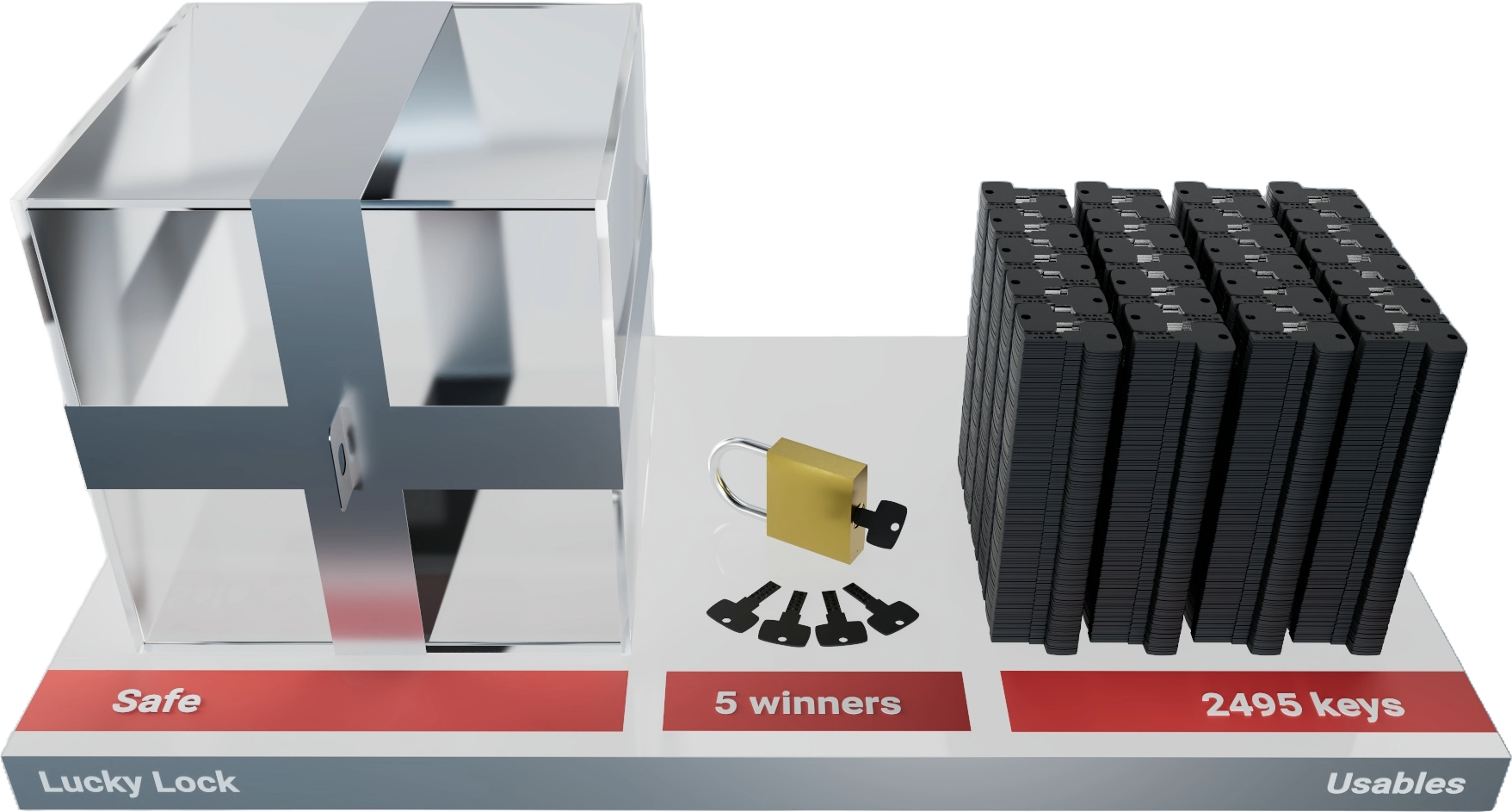 2,500-key package: Plexiglass safe, padlock, 5 winning keys and 2,495 blank keys
